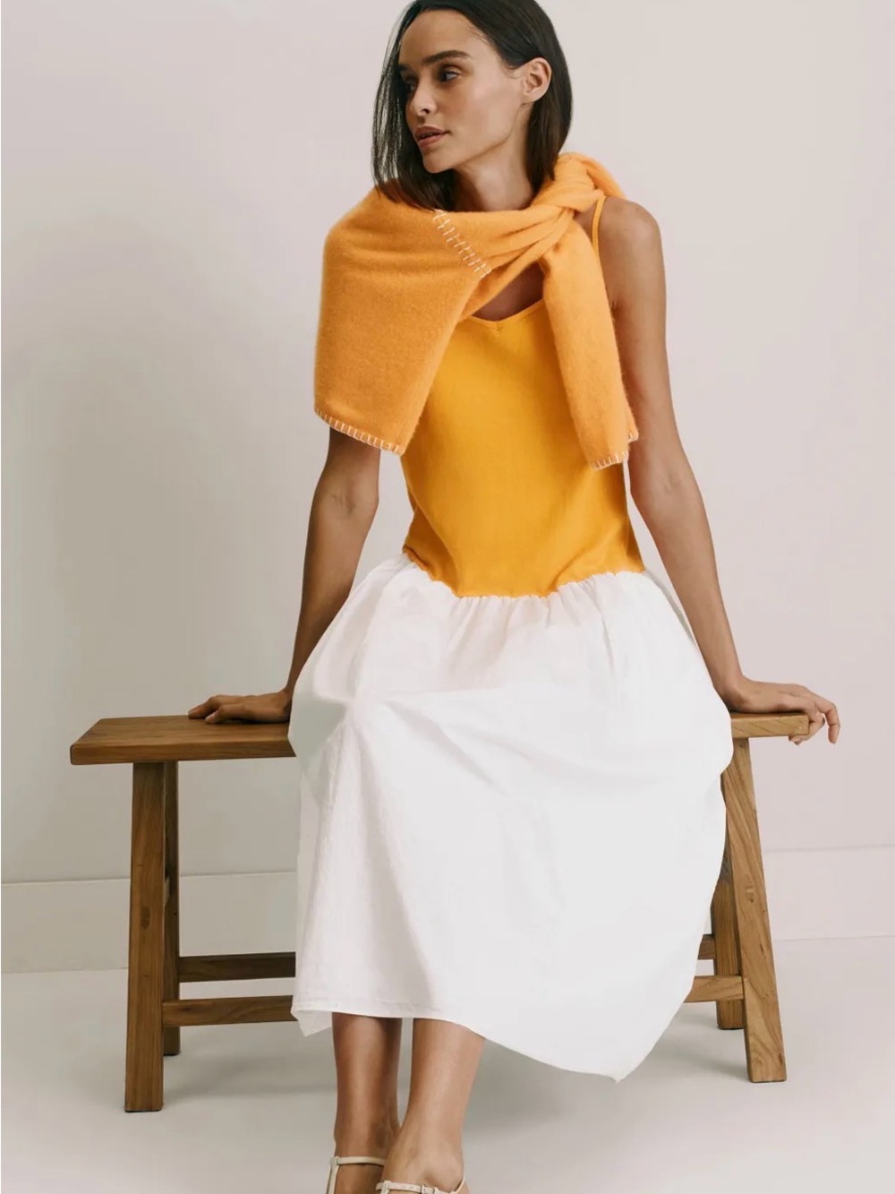 Naadam Mixed Media Midi Dress Orange White s